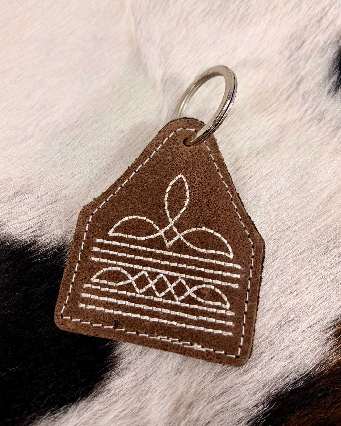Boot Stitch Ear Tag Keychain - Brown