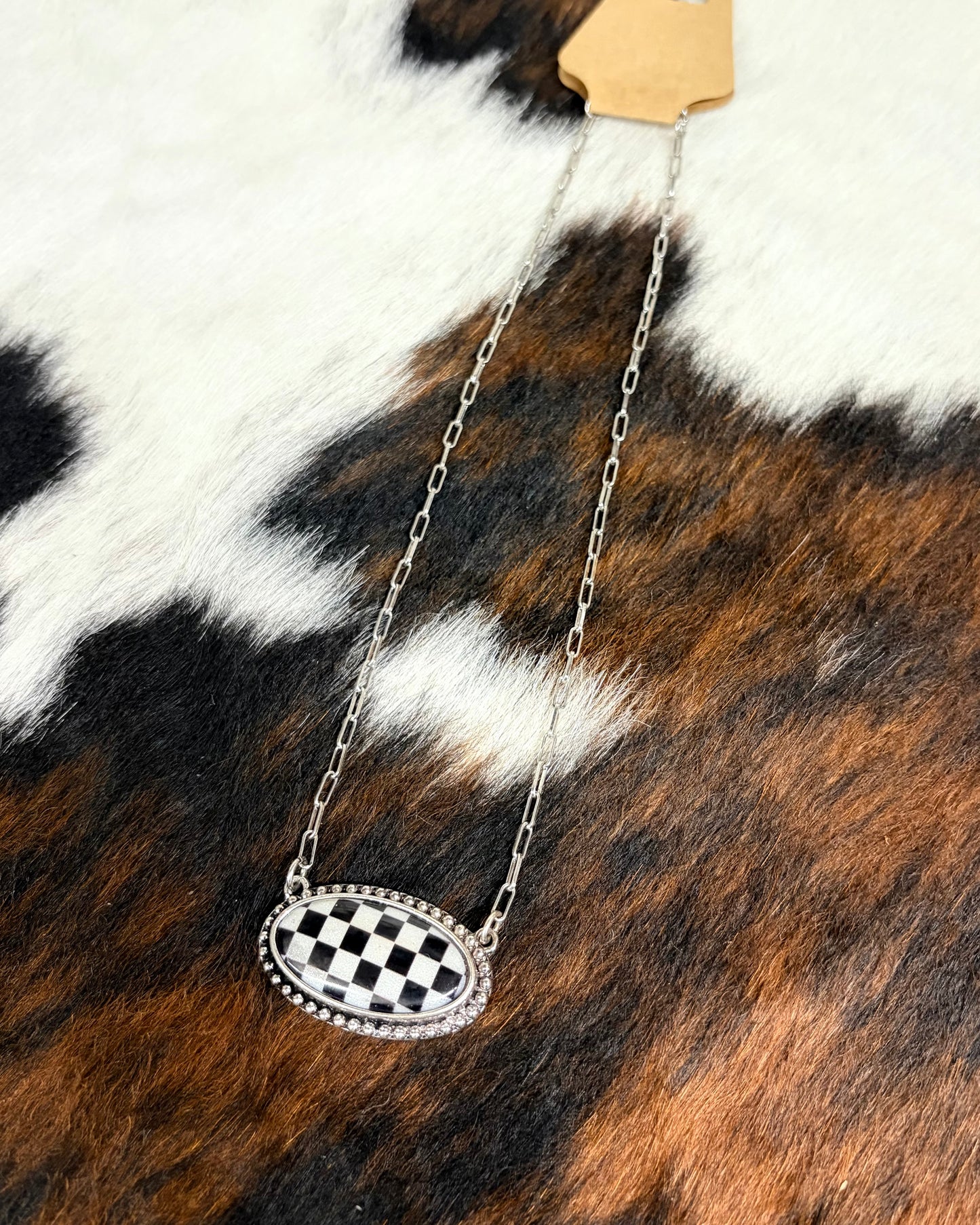 White Checker Oval Necklace