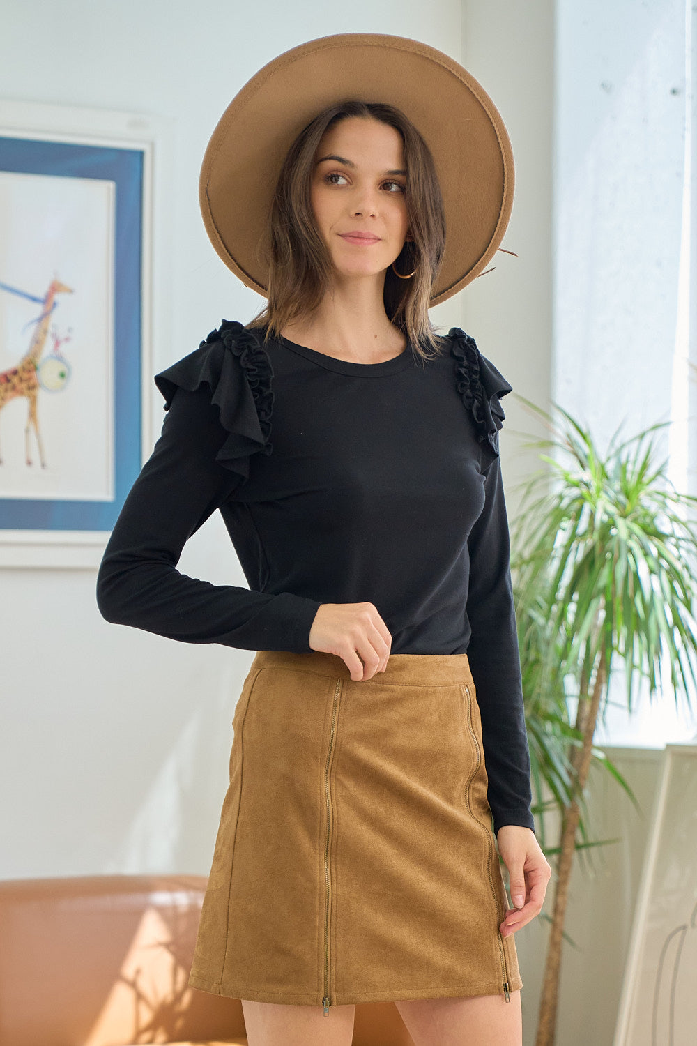 Black Ruffle Shoulder Long Sleeve Top