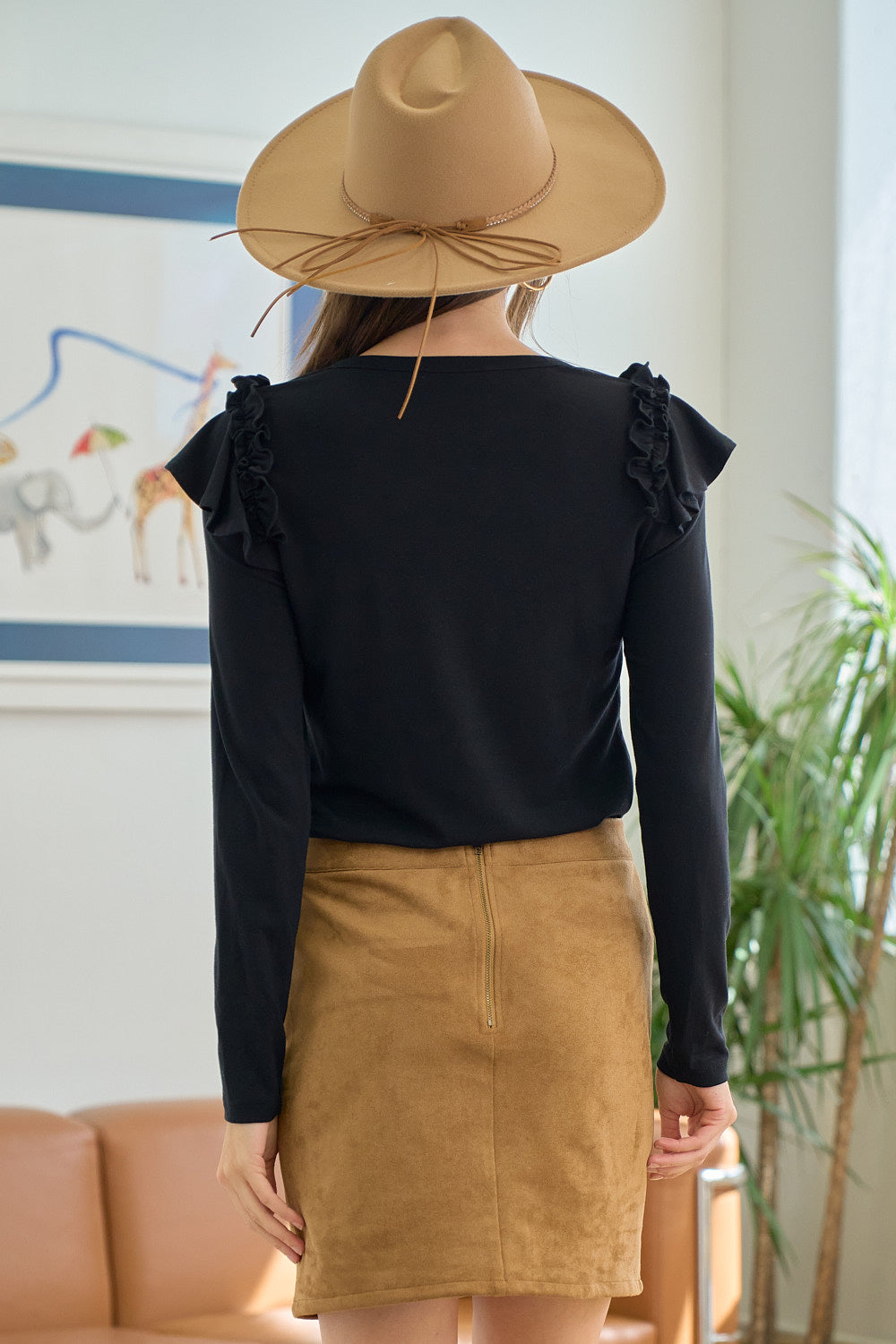 Black Ruffle Shoulder Long Sleeve Top