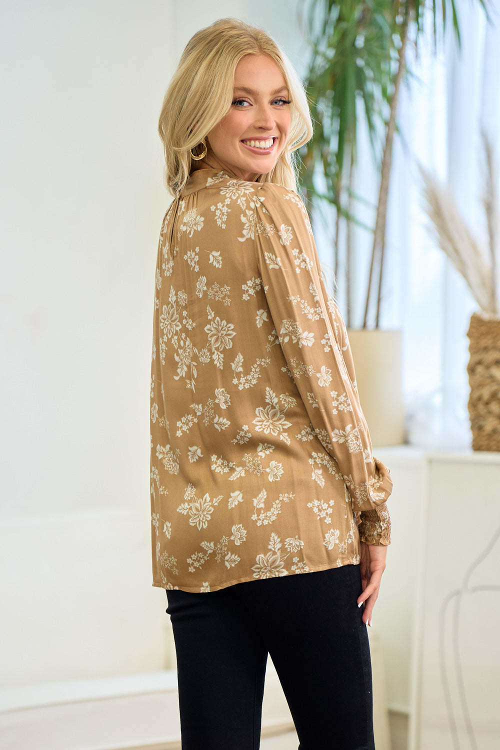 Gold Mock Neck Floral Blouse
