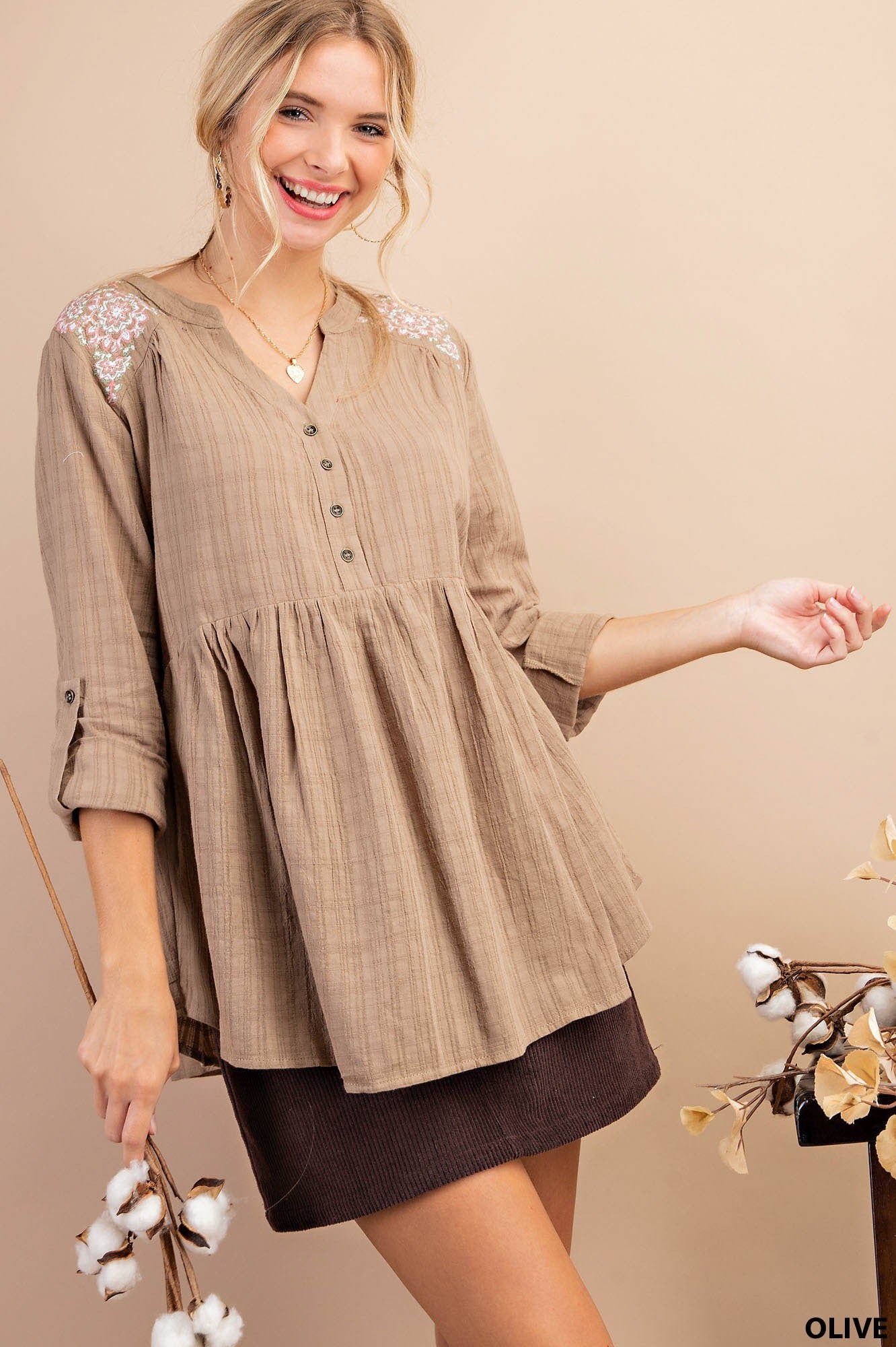 Olive Embroidered Babydoll Top