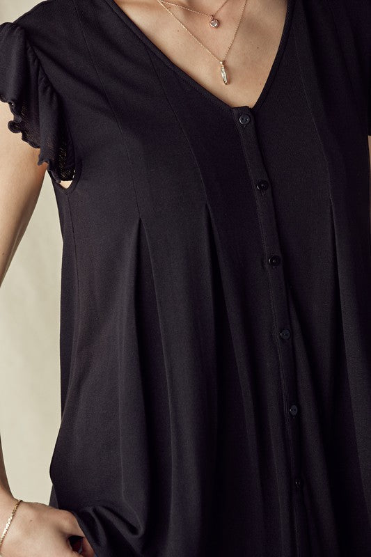 Pleated Ruffle Sleeve Black Top