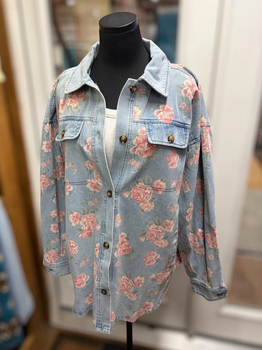 Floral + Washed Denim Shacket