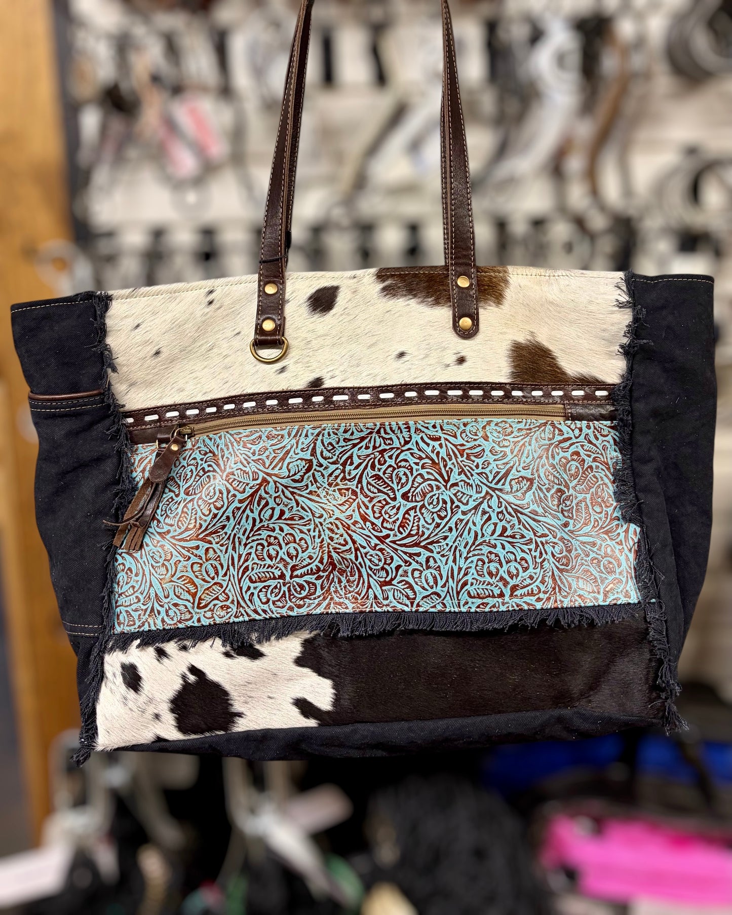 Turquoise + Cowhide Weekender Bag