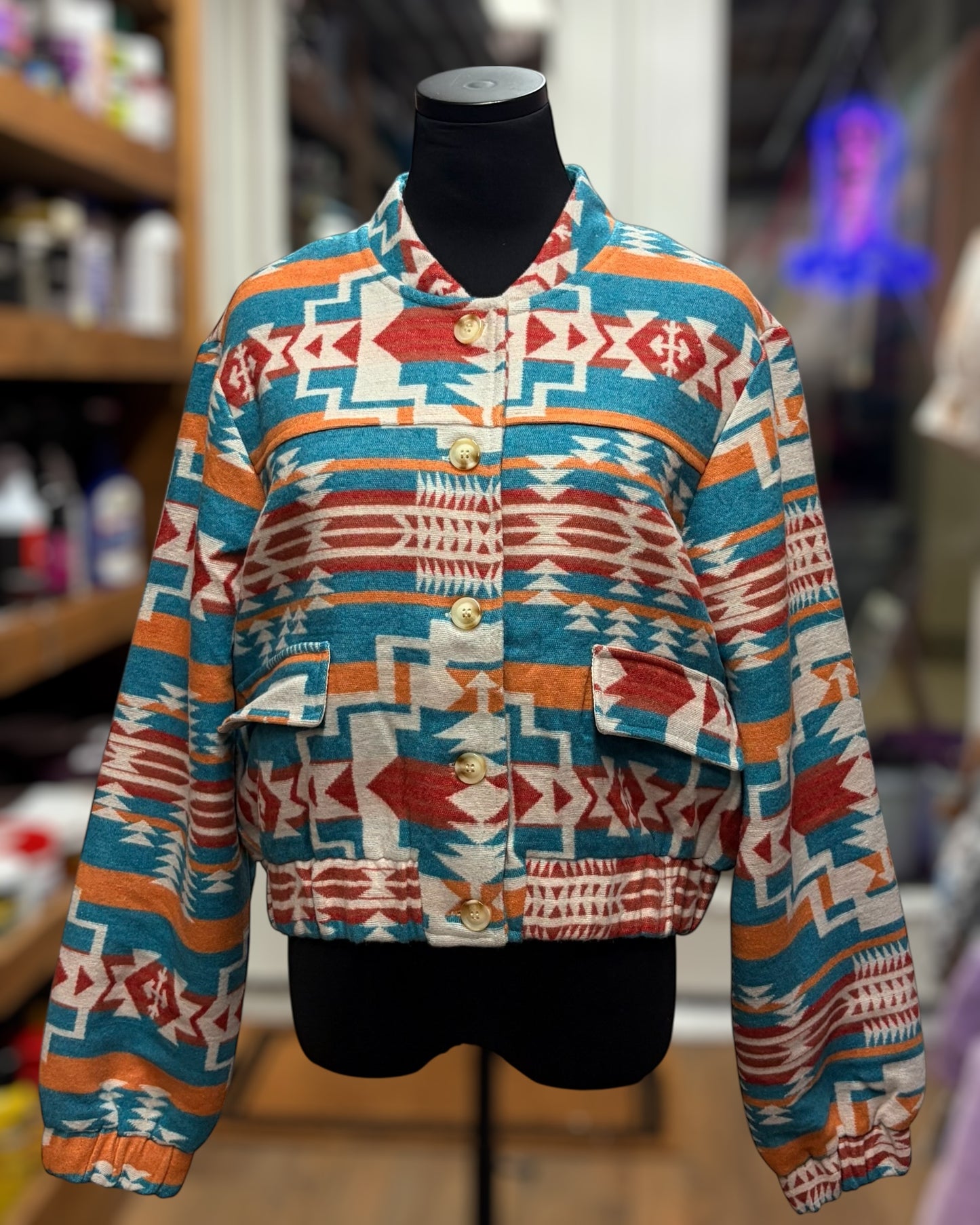 Teal Aztec Bomber Jacket