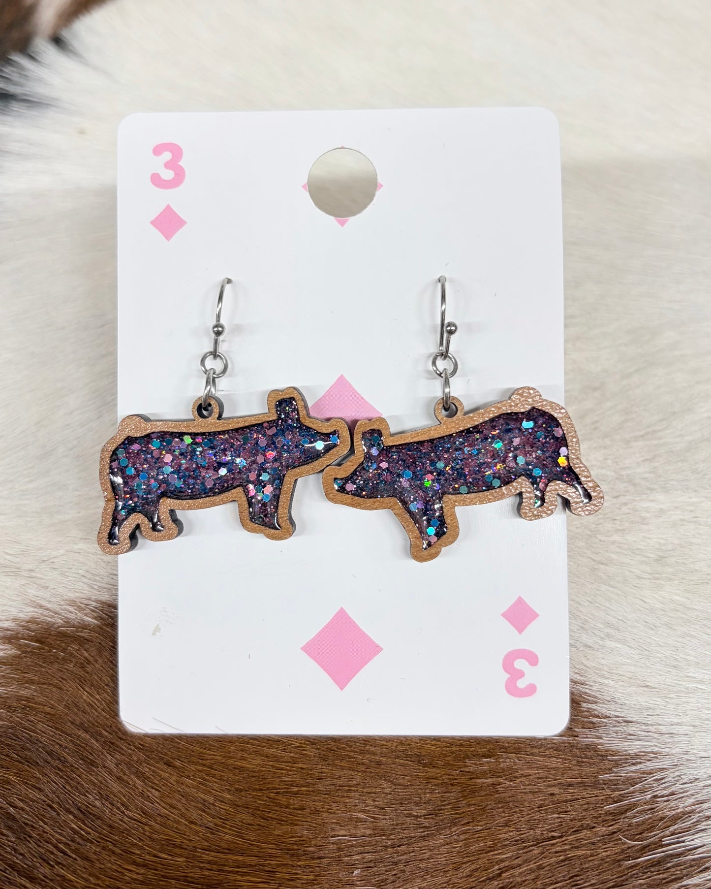 Purple Glitter Pig Earrings
