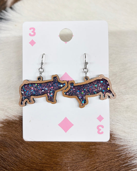 Purple Glitter Pig Earrings