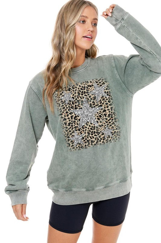 Olive + Leopard Star Crewneck