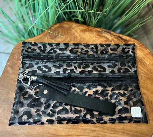 Double Zipper Accessory Bag - Clear Leopard