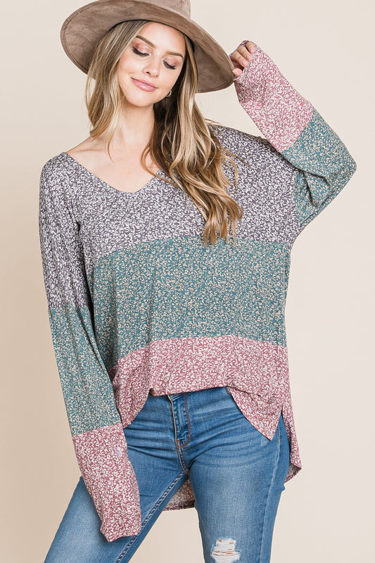 Floral Color Block Long Sleeve Top