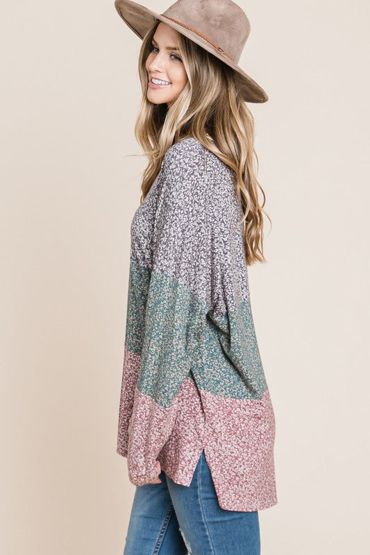 Floral Color Block Long Sleeve Top