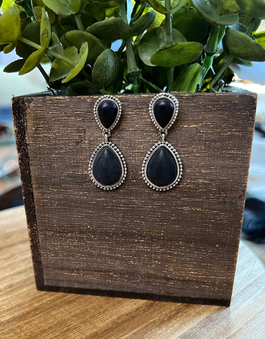 Silvertone + Black Teardrop Earrings